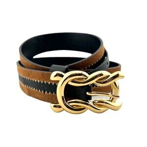 CABI Leather Twist Belt Women's M Brass Buckle Two Tone Black Brown Suede Stitch